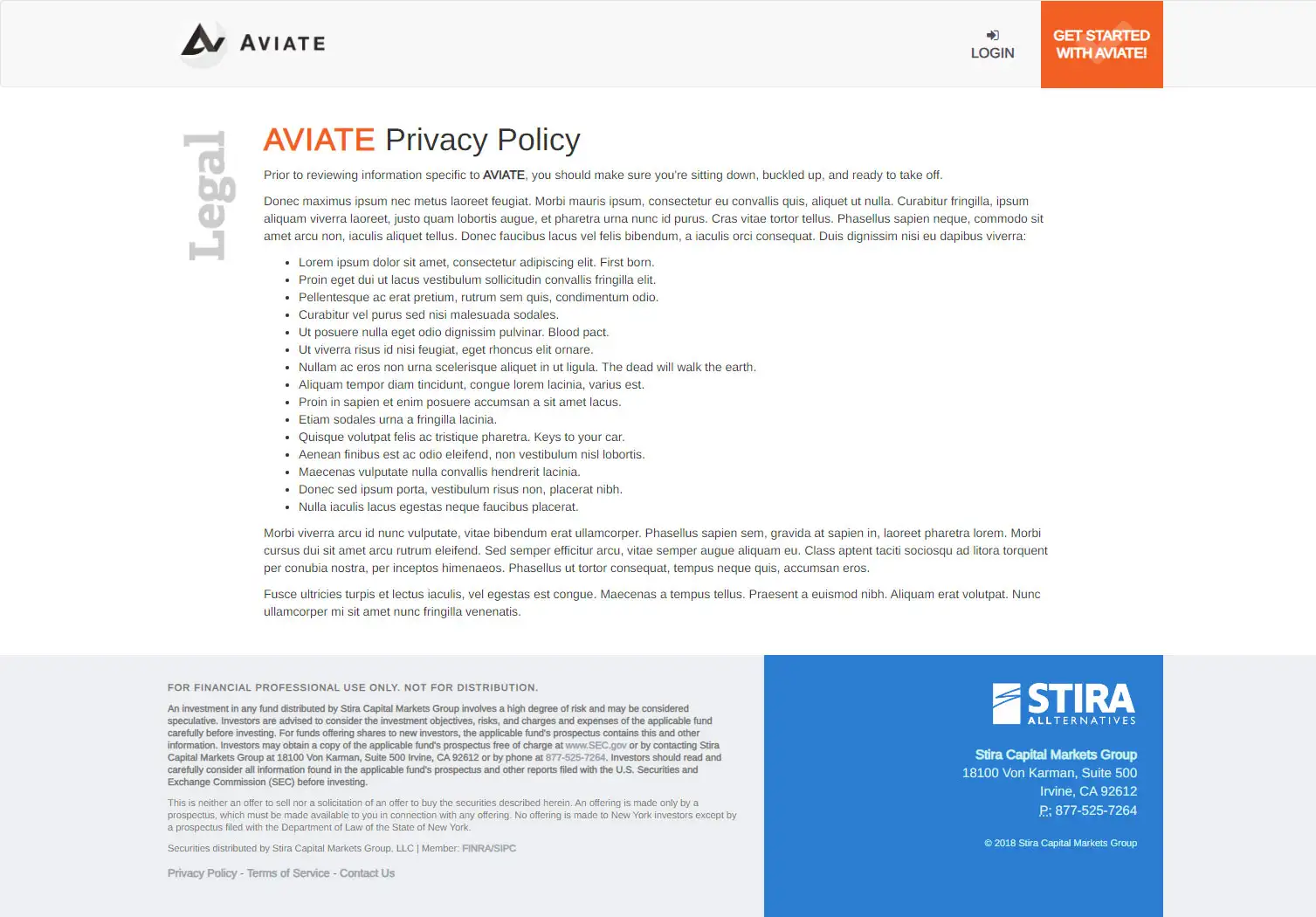 AVIATE -WordPress Website - Legal Page, Example